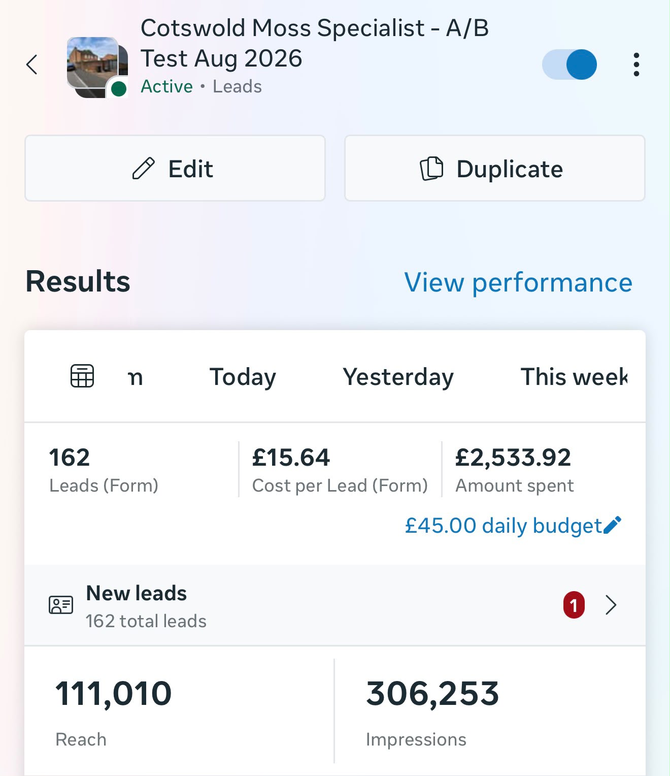 Cotswold Roof Cleaning Meta Ads Manager showing 162 leads at £15.64 per lead